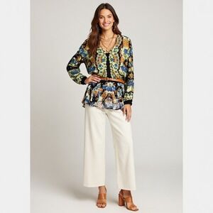 Free People Womens XS Black Multi Floral Paisley Peplum V-Neck Blouse‎ Top